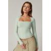QINSEN Women’s Sexy Square Neck Shirt Long Sleeve Double Lined Tees Fitted Going Out Tops(Smoke Green)