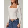 QINSEN Women’s Sexy Square Neck Shirt Long Sleeve Double Lined Tees Fitted Going Out Tops(Splashed White)