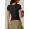 QINSEN Women’s Sexy Twist Front V Neck T Shirts Double Lined Short Sleeve Slim Fit Crop Top Trendy Y2K Tops Tee(Black)