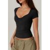 QINSEN Women’s Sexy Twist Front V Neck T Shirts Double Lined Short Sleeve Slim Fit Crop Top Trendy Y2K Tops Tee(Black)