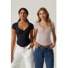 QINSEN Women’s Sexy Twist Front V Neck T Shirts Double Lined Short Sleeve Slim Fit Crop Top Trendy Y2K Tops Tee(Black)