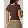 QINSEN Women’s Sexy Twist Front V Neck T Shirts Double Lined Short Sleeve Slim Fit Crop Top Trendy Y2K Tops Tee(Chestnut)