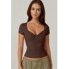 QINSEN Women’s Sexy Twist Front V Neck T Shirts Double Lined Short Sleeve Slim Fit Crop Top Trendy Y2K Tops Tee(Chestnut)
