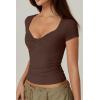 QINSEN Women’s Sexy Twist Front V Neck T Shirts Double Lined Short Sleeve Slim Fit Crop Top Trendy Y2K Tops Tee(Chestnut)