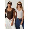 QINSEN Women’s Sexy Twist Front V Neck T Shirts Double Lined Short Sleeve Slim Fit Crop Top Trendy Y2K Tops Tee(Chestnut)