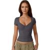 QINSEN Women’s Sexy Twist Front V Neck T Shirts Double Lined Short Sleeve Slim Fit Crop Top Trendy Y2K Tops Tee(Deep Grey)