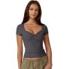 QINSEN Women’s Sexy Twist Front V Neck T Shirts Double Lined Short Sleeve Slim Fit Crop Top Trendy Y2K Tops Tee(Deep Grey)
