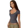 QINSEN Women’s Sexy Twist Front V Neck T Shirts Double Lined Short Sleeve Slim Fit Crop Top Trendy Y2K Tops Tee(Deep Grey)