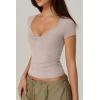 QINSEN Women’s Sexy Twist Front V Neck T Shirts Double Lined Short Sleeve Slim Fit Crop Top Trendy Y2K Tops Tee(Gray Lilac)