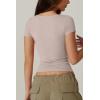 QINSEN Women’s Sexy Twist Front V Neck T Shirts Double Lined Short Sleeve Slim Fit Crop Top Trendy Y2K Tops Tee(Gray Lilac)