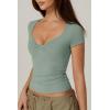 QINSEN Women’s Sexy Twist Front V Neck T Shirts Double Lined Short Sleeve Slim Fit Crop Top Trendy Y2K Tops Tee(Green)