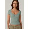 QINSEN Women’s Sexy Twist Front V Neck T Shirts Double Lined Short Sleeve Slim Fit Crop Top Trendy Y2K Tops Tee(Green)