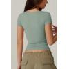QINSEN Women’s Sexy Twist Front V Neck T Shirts Double Lined Short Sleeve Slim Fit Crop Top Trendy Y2K Tops Tee(Green)