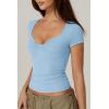 QINSEN Women’s Sexy Twist Front V Neck T Shirts Double Lined Short Sleeve Slim Fit Crop Top Trendy Y2K Tops Tee(Light Blue)