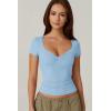 QINSEN Women’s Sexy Twist Front V Neck T Shirts Double Lined Short Sleeve Slim Fit Crop Top Trendy Y2K Tops Tee(Light Blue)