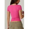 QINSEN Women’s Sexy Twist Front V Neck T Shirts Double Lined Short Sleeve Slim Fit Crop Top Trendy Y2K Tops Tee(Magenta)