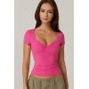 QINSEN Women’s Sexy Twist Front V Neck T Shirts Double Lined Short Sleeve Slim Fit Crop Top Trendy Y2K Tops Tee(Magenta)