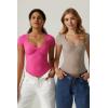 QINSEN Women’s Sexy Twist Front V Neck T Shirts Double Lined Short Sleeve Slim Fit Crop Top Trendy Y2K Tops Tee(Magenta)