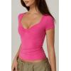 QINSEN Women’s Sexy Twist Front V Neck T Shirts Double Lined Short Sleeve Slim Fit Crop Top Trendy Y2K Tops Tee(Magenta)