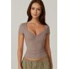 QINSEN Women’s Sexy Twist Front V Neck T Shirts Double Lined Short Sleeve Slim Fit Crop Top Trendy Y2K Tops Tee(Mushroom)