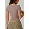 QINSEN Women’s Sexy Twist Front V Neck T Shirts Double Lined Short Sleeve Slim Fit Crop Top Trendy Y2K Tops Tee(Mushroom)