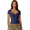 QINSEN Women’s Sexy Twist Front V Neck T Shirts Double Lined Short Sleeve Slim Fit Crop Top Trendy Y2K Tops Tee(Navy Blue)
