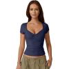 QINSEN Women’s Sexy Twist Front V Neck T Shirts Double Lined Short Sleeve Slim Fit Crop Top Trendy Y2K Tops Tee(Navy Blue)