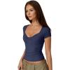 QINSEN Women’s Sexy Twist Front V Neck T Shirts Double Lined Short Sleeve Slim Fit Crop Top Trendy Y2K Tops Tee(Navy Blue)