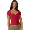 QINSEN Women’s Sexy Twist Front V Neck T Shirts Double Lined Short Sleeve Slim Fit Crop Top Trendy Y2K Tops Tee(Red)