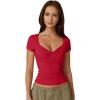 QINSEN Women’s Sexy Twist Front V Neck T Shirts Double Lined Short Sleeve Slim Fit Crop Top Trendy Y2K Tops Tee(Red)