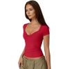 QINSEN Women’s Sexy Twist Front V Neck T Shirts Double Lined Short Sleeve Slim Fit Crop Top Trendy Y2K Tops Tee(Red)