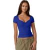 QINSEN Women’s Sexy Twist Front V Neck T Shirts Double Lined Short Sleeve Slim Fit Crop Top Trendy Y2K Tops Tee(Sapphire Blue)