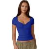 QINSEN Women’s Sexy Twist Front V Neck T Shirts Double Lined Short Sleeve Slim Fit Crop Top Trendy Y2K Tops Tee(Sapphire Blue)