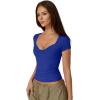 QINSEN Women’s Sexy Twist Front V Neck T Shirts Double Lined Short Sleeve Slim Fit Crop Top Trendy Y2K Tops Tee(Sapphire Blue)