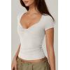 QINSEN Women’s Sexy Twist Front V Neck T Shirts Double Lined Short Sleeve Slim Fit Crop Top Trendy Y2K Tops Tee(White)