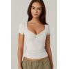 QINSEN Women’s Sexy Twist Front V Neck T Shirts Double Lined Short Sleeve Slim Fit Crop Top Trendy Y2K Tops Tee(White)