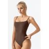 QINSEN Women‘s Spaghetti Strap Bodysuit Top Square Neck Sleeveless Double Lined Cami Shirts(Brown)