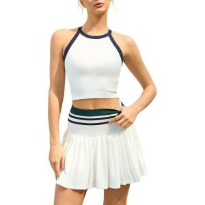 QINSEN Tennis Skirt Set for Women High Waisted Pleated Athletic Pickleball Skirt with Shorts Padded Tank Top 2 Piece Outfits(White)