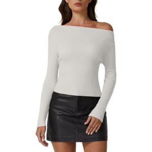 QINSEN Womens Asymmetrical Neck Sweater Slim Fit Long Sleeve Knit Pullover Top(Beige)