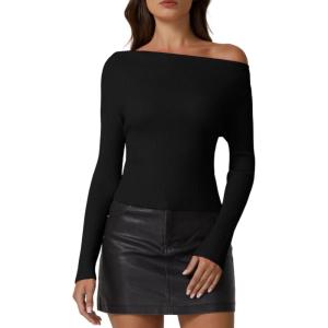 QINSEN Womens Asymmetrical Neck Sweater Slim Fit Long Sleeve Knit Pullover Top(Black)