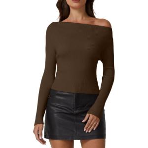 QINSEN Womens Asymmetrical Neck Sweater Slim Fit Long Sleeve Knit Pullover Top(Brown)