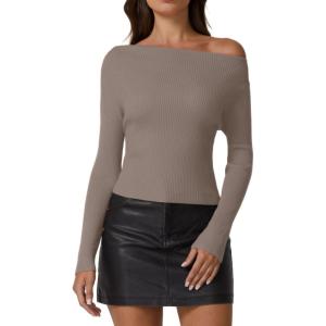 QINSEN Womens Asymmetrical Neck Sweater Slim Fit Long Sleeve Knit Pullover Top(Khaki)