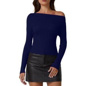 QINSEN Womens Asymmetrical Neck Sweater Slim Fit Long Sleeve Knit Pullover Top(Navy Blue)