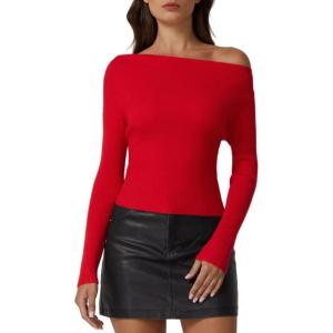 QINSEN Womens Asymmetrical Neck Sweater Slim Fit Long Sleeve Knit Pullover Top(Red)