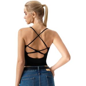 QINSEN Womens Cross Back Tank Top V Neck Double Lined Camisole Top Sleeveless Spaghetti Strap Going Out Tops(Black)