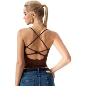 QINSEN Womens Cross Back Tank Top V Neck Double Lined Camisole Top Sleeveless Spaghetti Strap Going Out Tops(Coffee Bean)