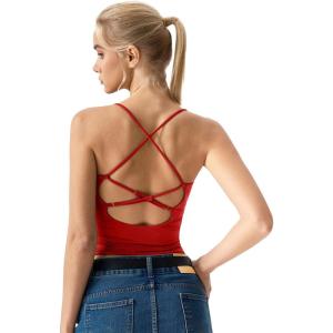 QINSEN Womens Cross Back Tank Top V Neck Double Lined Camisole Top Sleeveless Spaghetti Strap Going Out Tops(Fairy Red)
