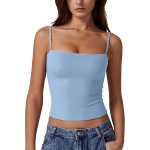 QINSEN Women’s Double Lined Basic Tank Top Adjustable Spaghetti Straps Sleeveless Camisole Shirts(Light Blue)