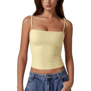 QINSEN Women’s Double Lined Basic Tank Top Adjustable Spaghetti Straps Sleeveless Camisole Shirts(Light Yellow)
