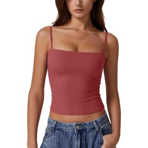 QINSEN Women’s Double Lined Basic Tank Top Adjustable Spaghetti Straps Sleeveless Camisole Shirts(Merlot)